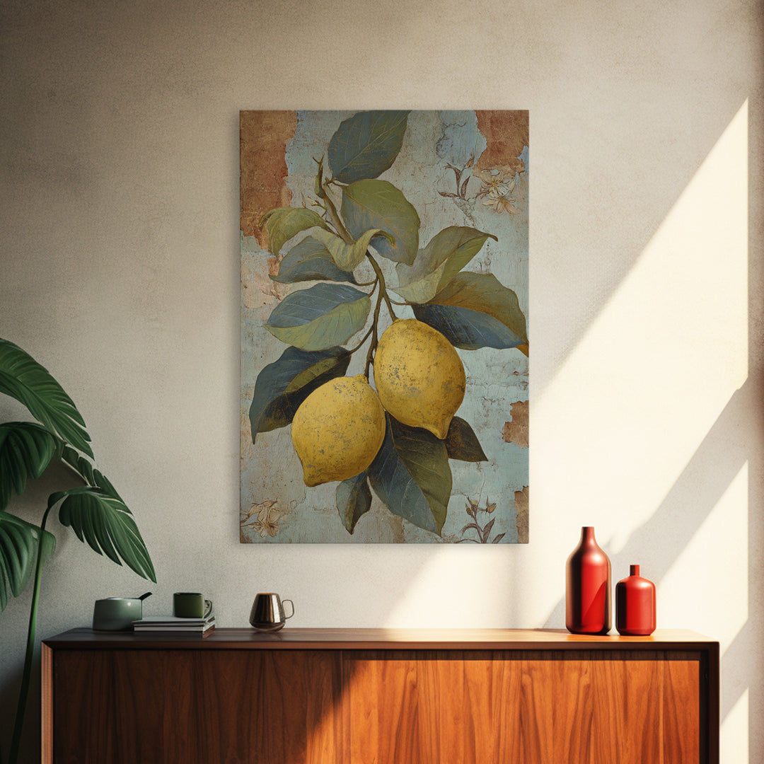 Aged Botanical Plate of Lemons and Leaves Framed Canvas Print, French Country Art, Modern Decor, Farmhouse Decor, Oil Painting, FCA-2x3-68
