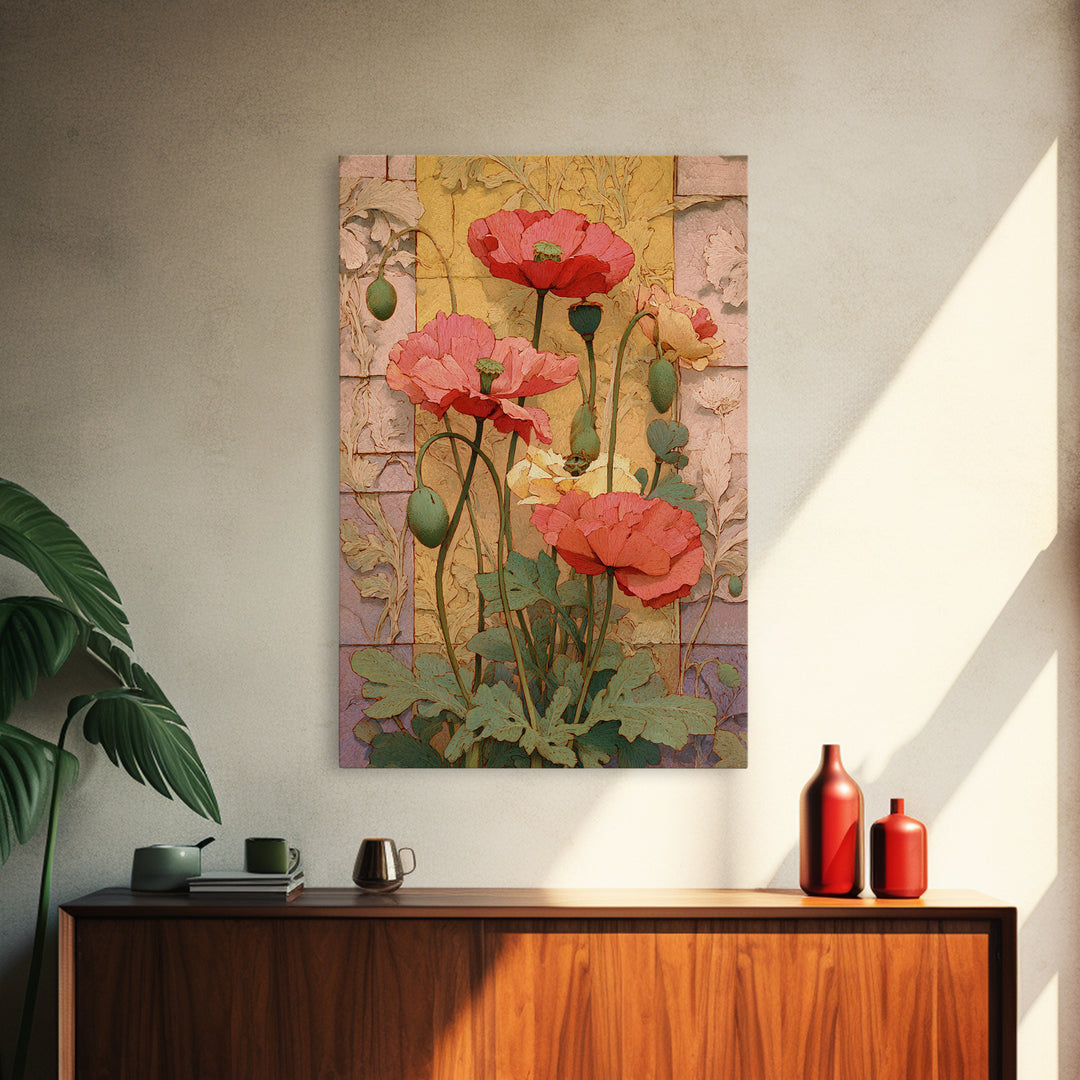 Poppies Beside a Stone Garden Wall Canvas Print, French Country Art, Digital Download Art, Farmhouse Decor, Oil Painting, FCA-2x3-71
