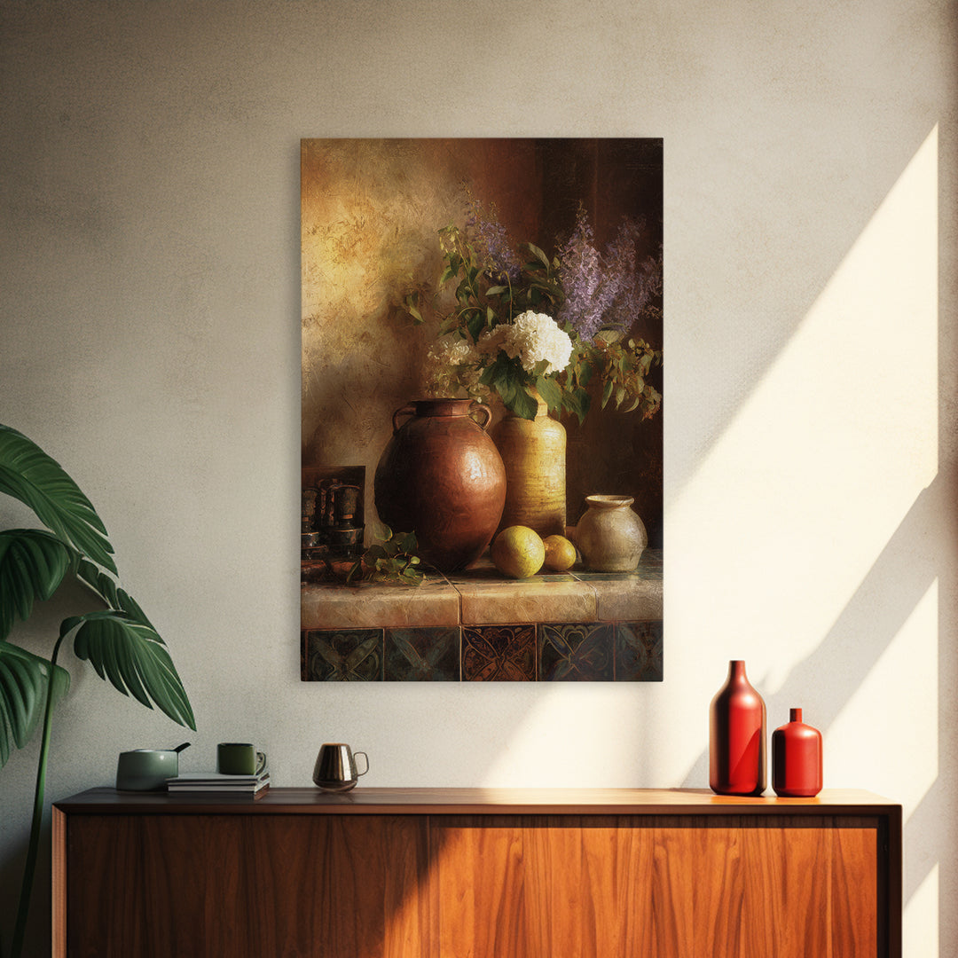 Antique Copper Pot and Flowers Still Life Framed Canvas Print, French Country Art, Digital Art, Farmhouse Decor, Watercolor Art, FCA-2x3-8