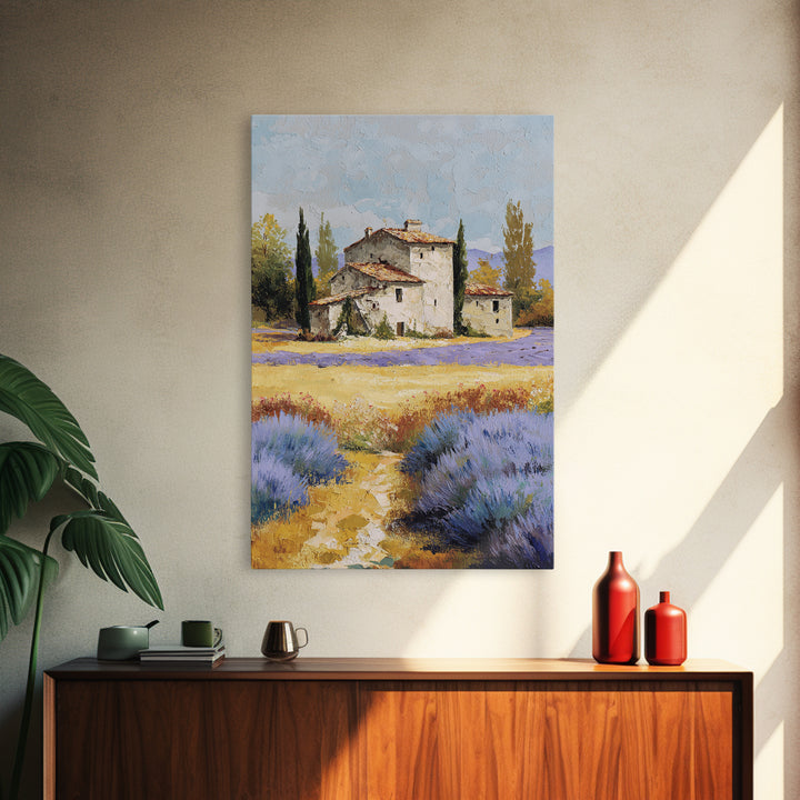 Lavender Field with Distant Stone Farmhouse Canvas Print, French Country Art, Minimalist Decor, Farmhouse Decor, Oil Painting, FCA-2x3-81