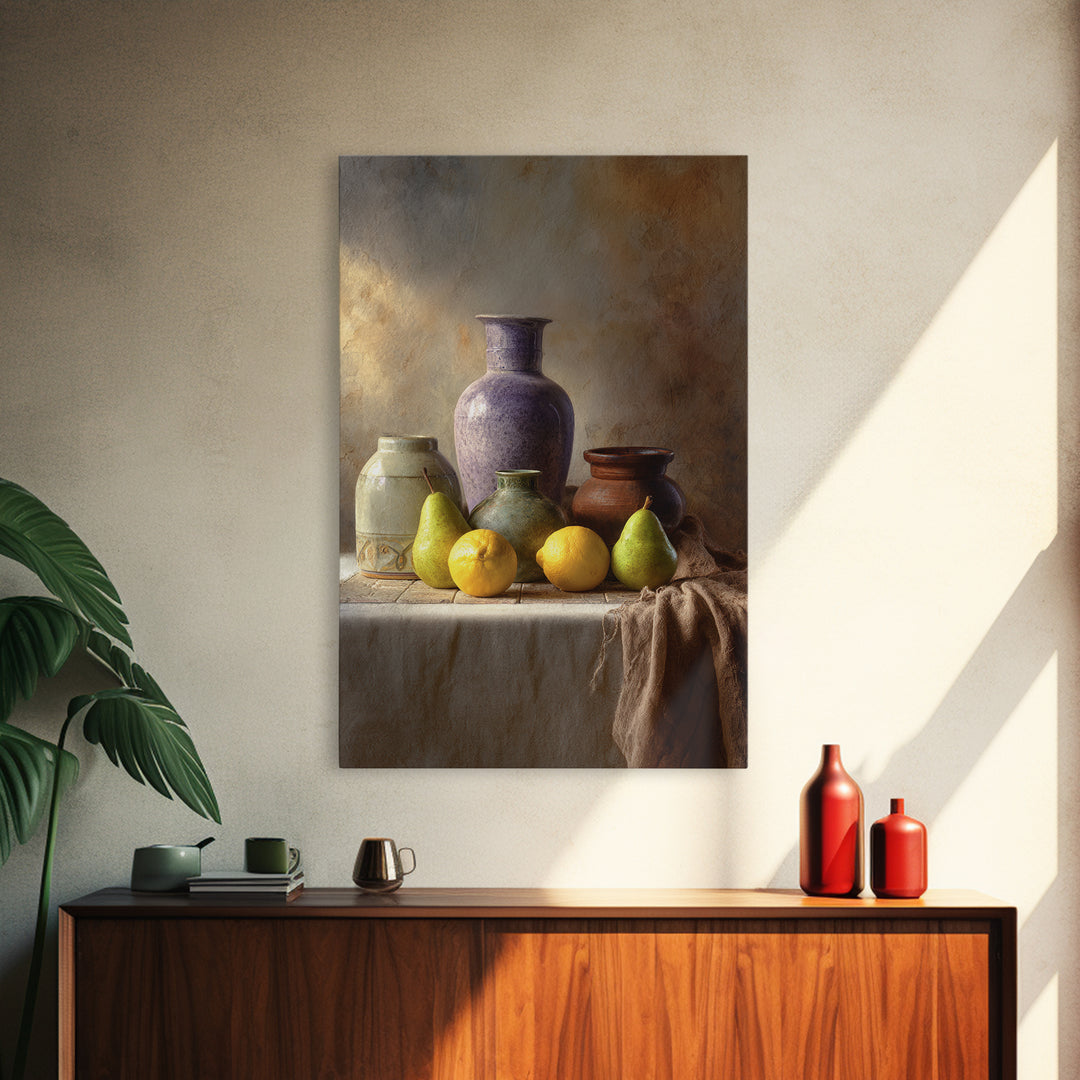 Pear Still Life on Linen Tablecloth Framed Canvas Print, French Country Art, Farmhouse Decor, Abstract Art, Country, FCA-2x3-84