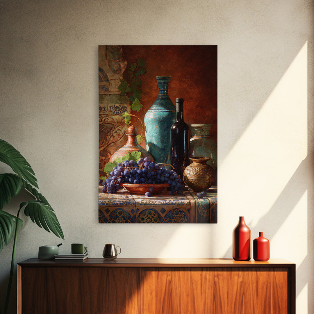 Grapes and Wine Still Life Framed Canvas Print, French Country Art, Wall Art, Farmhouse Decor, Watercolor Art, Country, FCA-2x3-89