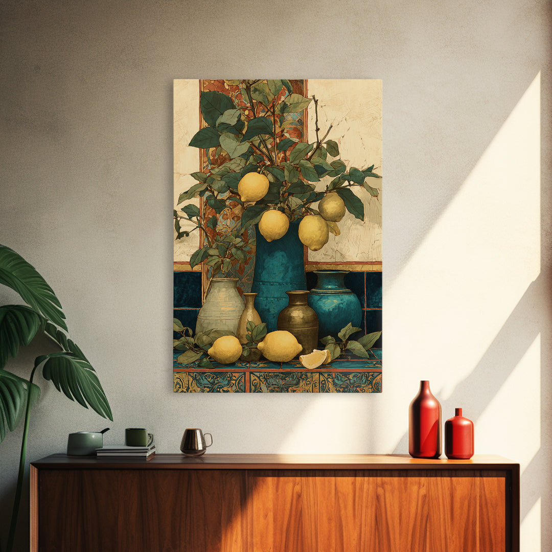 Aged Botanical Plate of Lemons and Leaves Framed Canvas Print, French Country Art, Farmhouse Decor, Fine Art, Country, FCA-2x3-92