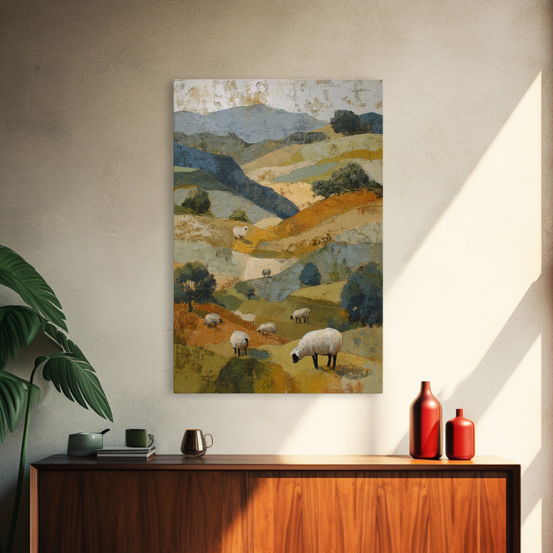 Pastoral Sheep in Rolling Countryside Framed Canvas Print, French Country Art, Textured Painting, Farmhouse Decor, Country, FCA-2x3-94