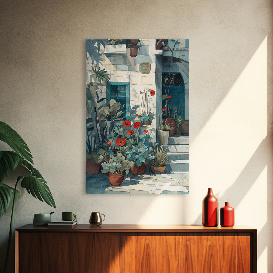 Poppies Beside a Stone Garden Wall Canvas Print, French Country Art, Art Print, Farmhouse Decor, Watercolor Art, Country, FCA-2x3-95