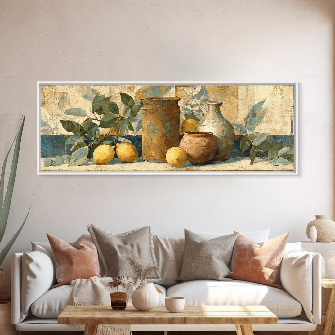 Aged Botanical Plate of Lemons and Leaves Canvas Print, French Country Art, Coastal Wall Art, Farmhouse Decor, Country, FCA-3x1-100