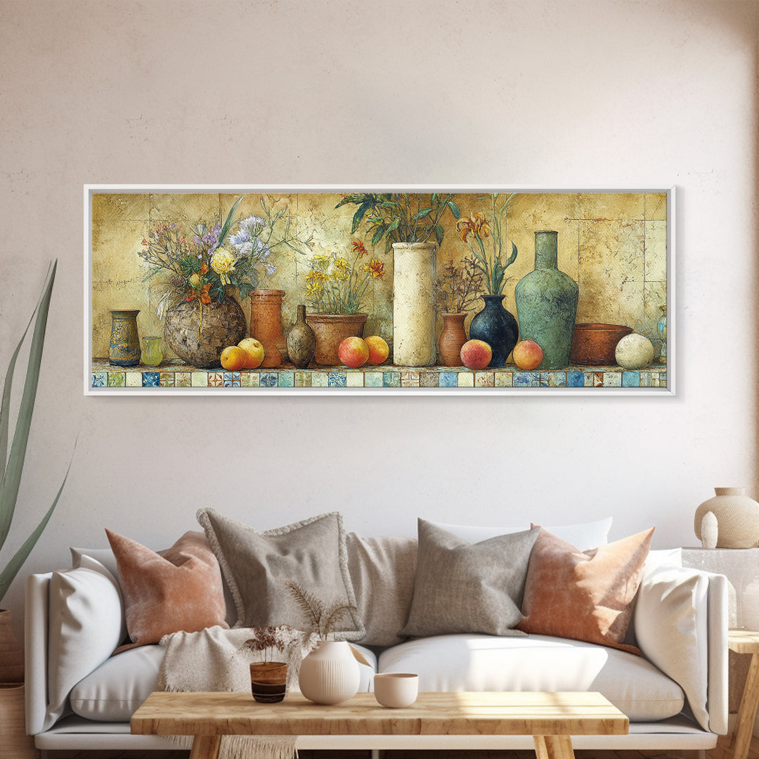 Basket of Fresh Peaches and Wildflowers Framed Canvas Print, French Country Art, Eclectic Wall Art, Farmhouse Decor, Country, FCA-3x1-12