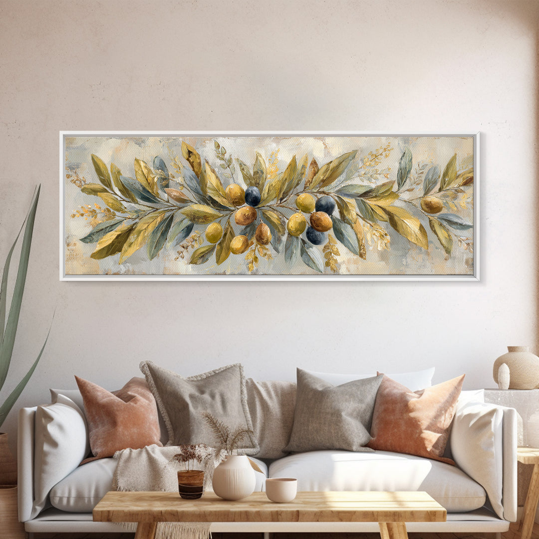 Olive Branch Wreath on Cream Ground Canvas Print, French Country Art, Landscape Painting, Farmhouse Decor, Watercolor Art, FCA-3x1-14
