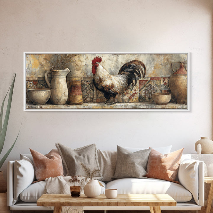 Rooster Portrait in Rustic French Palette Framed Canvas Print, French Country Art, Contemporary Art, Farmhouse Decor, Country, FCA-3x1-18