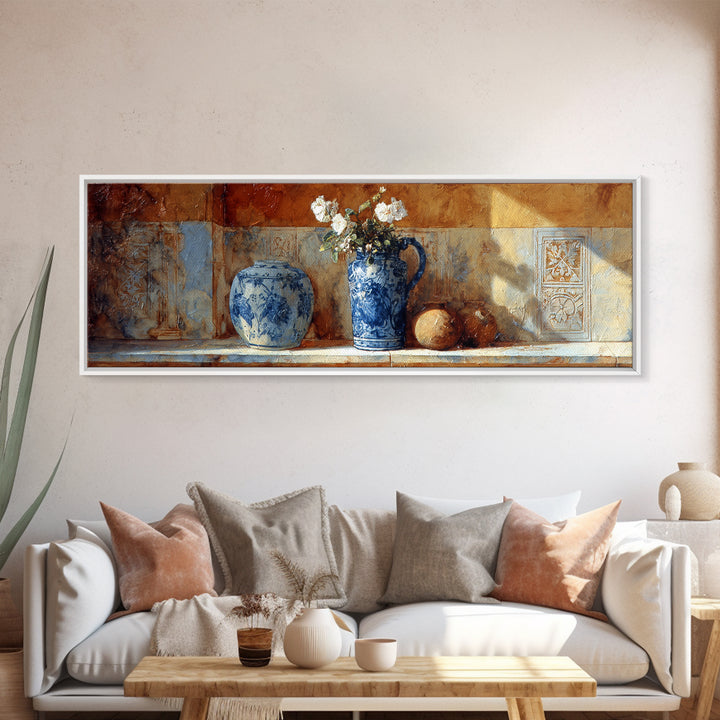 Blue and White Ceramic Pitcher Canvas Print, French Country Art, Digital Download Art, Farmhouse Decor, Watercolor Art, Country, FCA-3x1-19