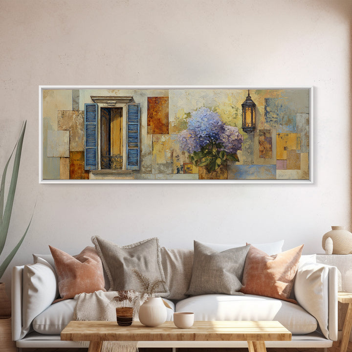Soft Hydrangeas Beside Antique Shutters Canvas Print, French Country Art, Farmhouse Wall Art, Farmhouse Decor, Country, FCA-3x1-24