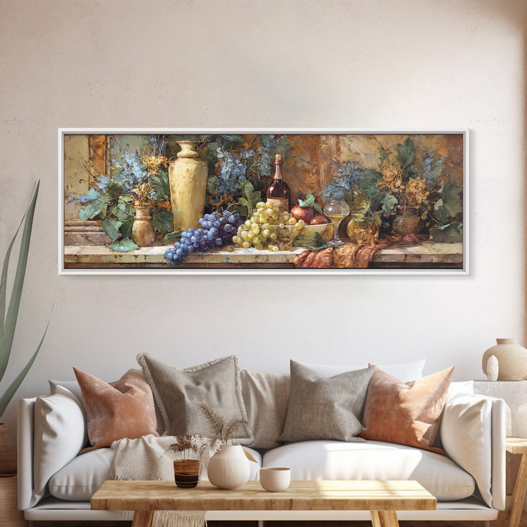 Grapes and Wine Still Life Canvas Print, French Country Art, Oil Painting, Farmhouse Decor, Abstract Art, Country, FCA-3x1-25