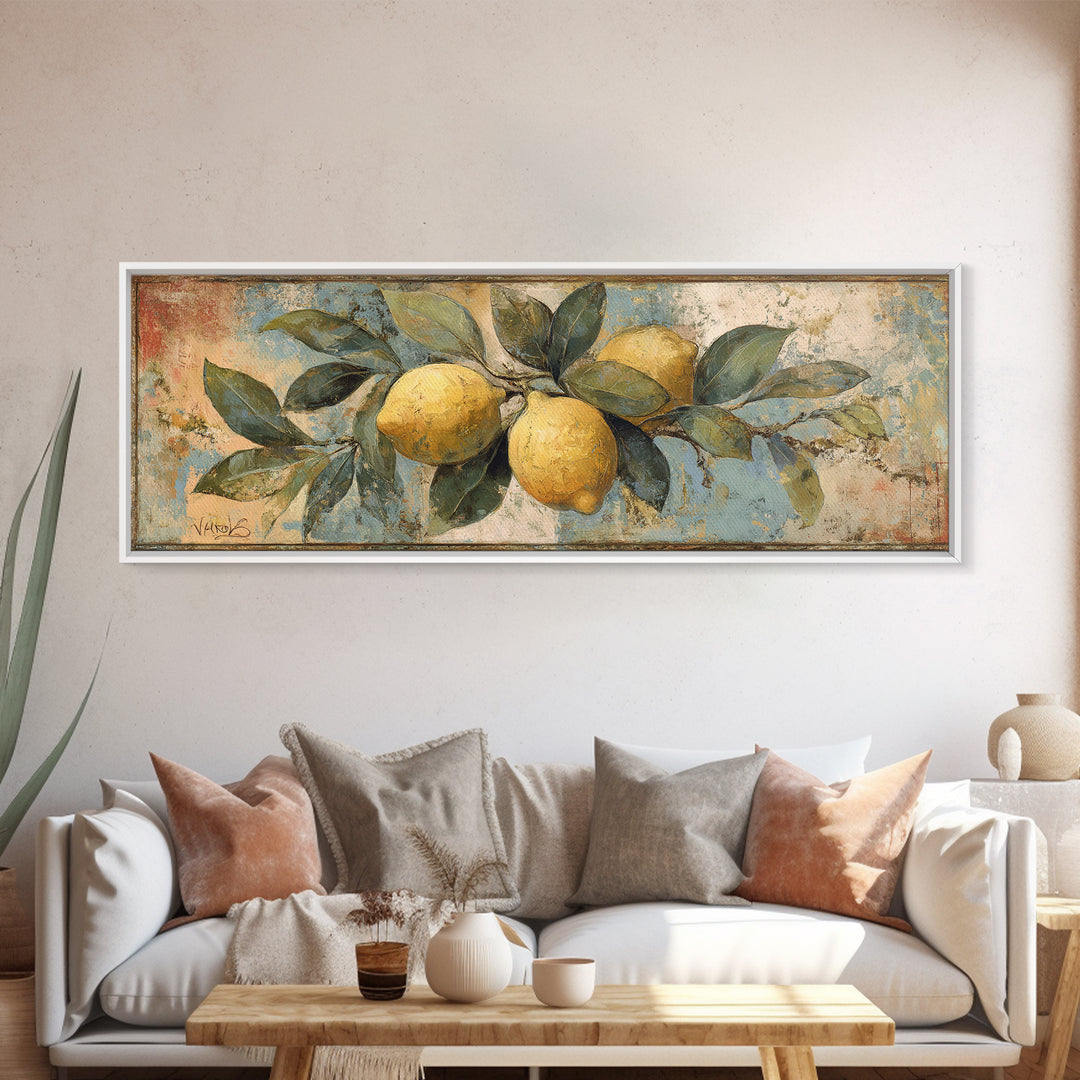 Aged Botanical Plate of Lemons and Leaves Canvas Print, French Country Art, Landscape Wall Art, Farmhouse Decor, Country, FCA-3x1-28