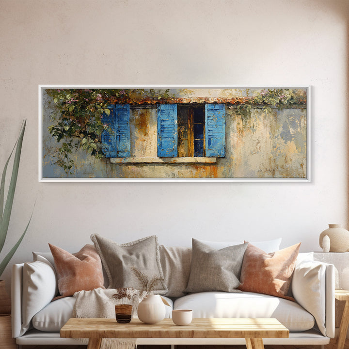 Weathered Window with Blue Shutters Framed Canvas Print, French Country Art, Digital Art, Farmhouse Decor, Watercolor Art, FCA-3x1-37