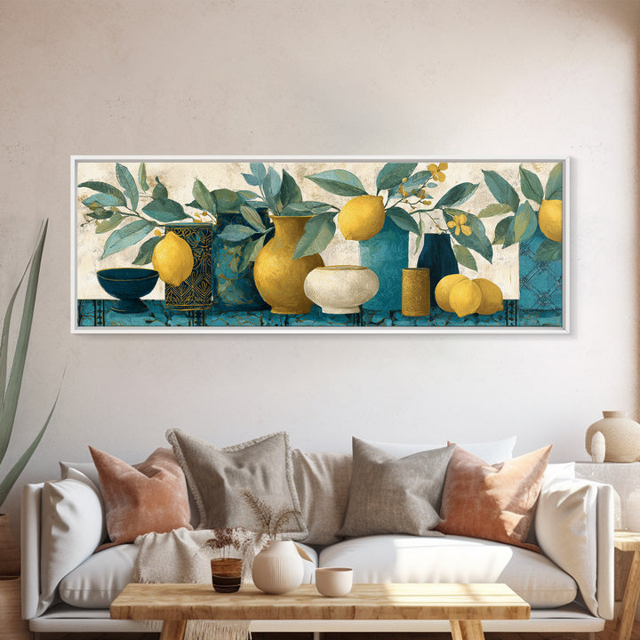 Aged Botanical Plate of Lemons and Leaves Canvas Print, French Country Art, Botanical Wall Art, Farmhouse Decor, Watercolor Art, FCA-3x1-4