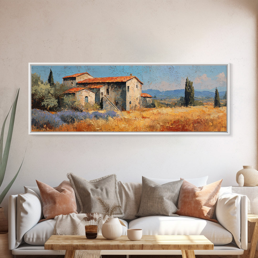 Lavender Field with Distant Stone Farmhouse Canvas Print, French Country Art, Printable Art, Farmhouse Decor, Watercolor Art, FCA-3x1-41