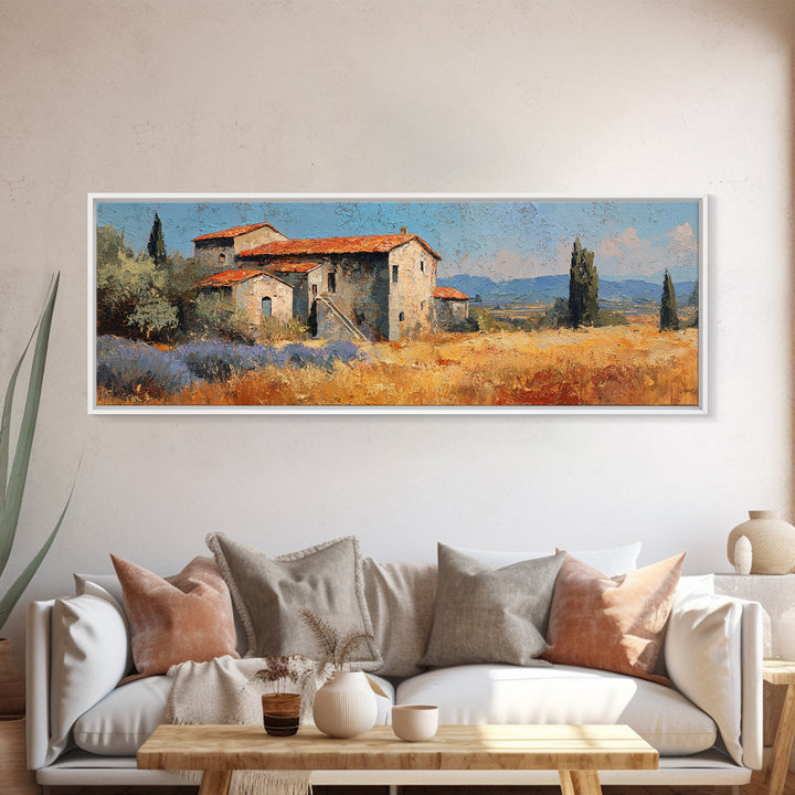 Lavender Field with Distant Stone Farmhouse Canvas Print, French Country Art, Printable Art, Farmhouse Decor, Watercolor Art, FCA-3x1-41