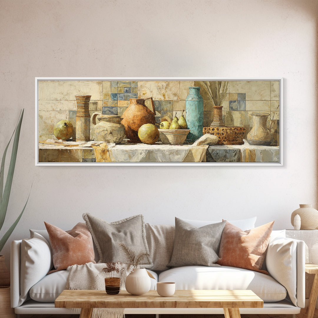 Pear Still Life on Linen Tablecloth Framed Canvas Print, French Country Art, Above Bed Art, Farmhouse Decor, Abstract Art, FCA-3x1-44