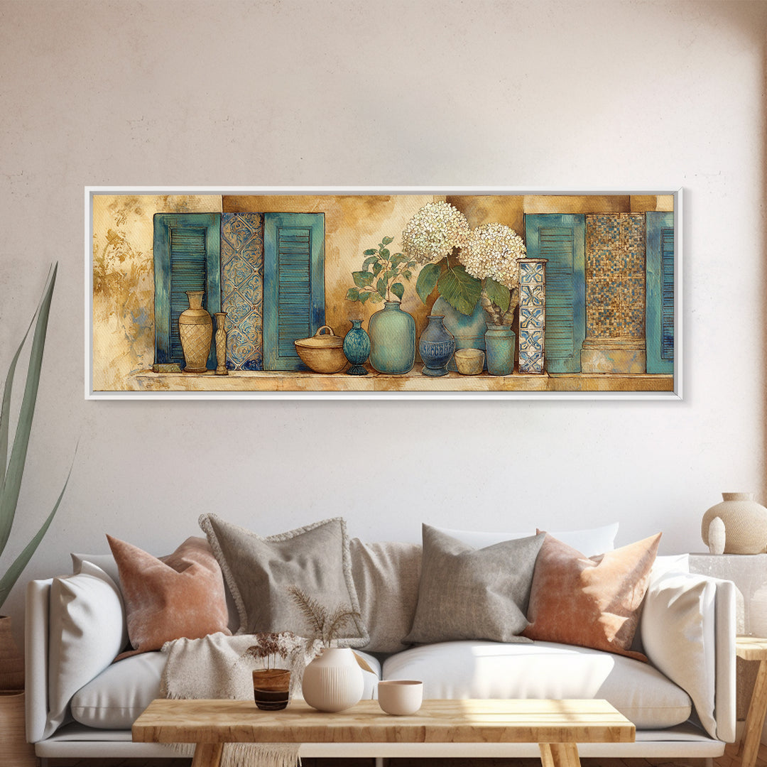 Soft Hydrangeas Beside Antique Shutters Canvas Print, French Country Art, Statement Artwork, Farmhouse Decor, Fine Art, Country, FCA-3x1-48