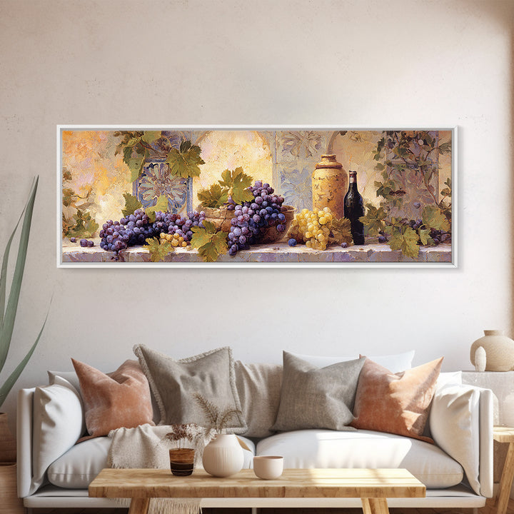 Grapes and Wine Still Life Canvas Print, French Country Art, Oil Painting, Farmhouse Decor, Abstract Art, Country, FCA-3x1-49