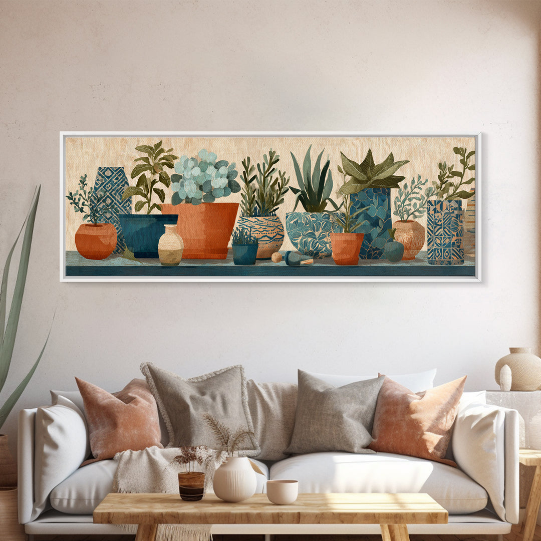 Terra Cotta Pots Framed Canvas Print, French Country Art, Textured Painting, Farmhouse Decor, Country, Home Decor Gift, FCA-3x1-51