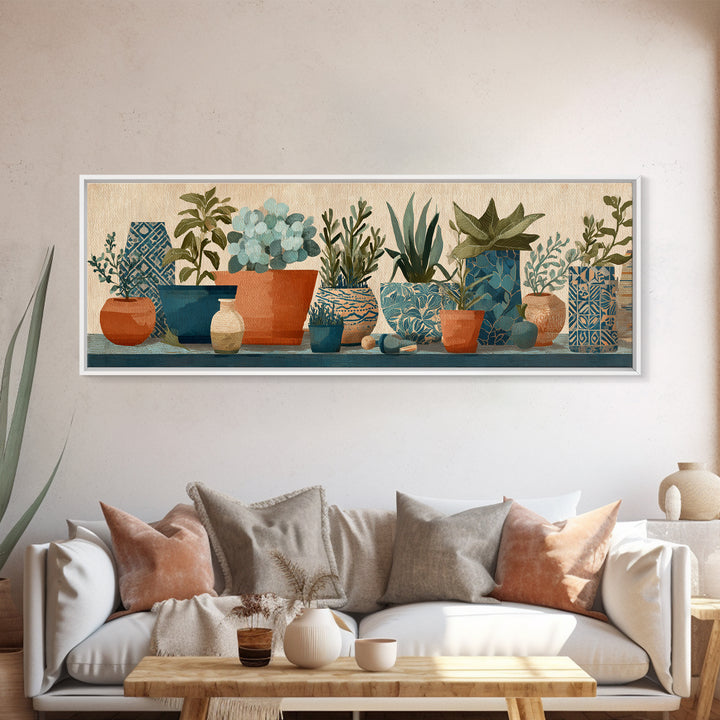 Terra Cotta Pots Framed Canvas Print, French Country Art, Textured Painting, Farmhouse Decor, Country, Home Decor Gift, FCA-3x1-51