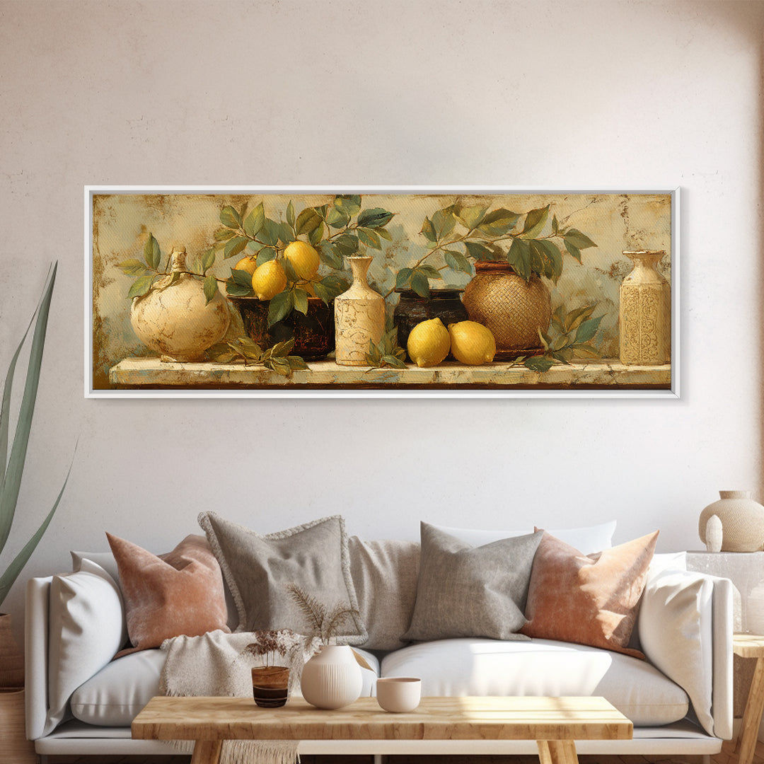 Aged Botanical Plate of Lemons and Leaves Framed Canvas Print, French Country Art, Boho Decor, Farmhouse Decor, Country, FCA-3x1-52