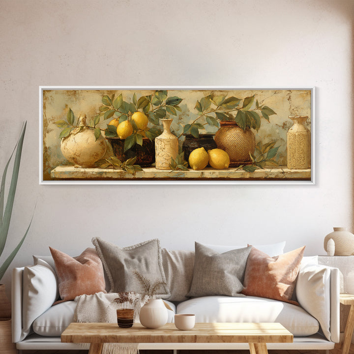 Aged Botanical Plate of Lemons and Leaves Framed Canvas Print, French Country Art, Boho Decor, Farmhouse Decor, Country, FCA-3x1-52