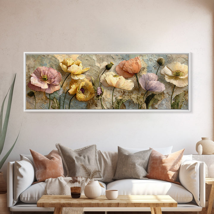 Poppies Beside a Stone Garden Wall Framed Canvas Print, French Country Art, Boho Decor, Farmhouse Decor, Oil Painting, Country, FCA-3x1-55