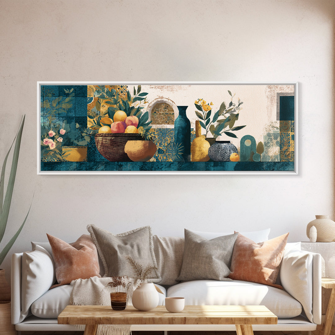 Basket of Fresh Peaches and Wildflowers Framed Canvas Print, French Country Art, Neutral Decor, Farmhouse Decor, Oil Painting, FCA-3x1-60