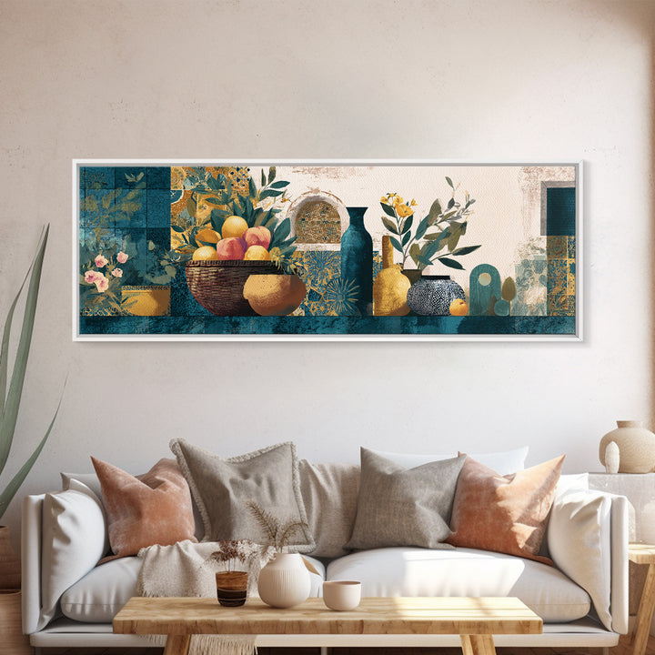 Basket of Fresh Peaches and Wildflowers Framed Canvas Print, French Country Art, Neutral Decor, Farmhouse Decor, Oil Painting, FCA-3x1-60