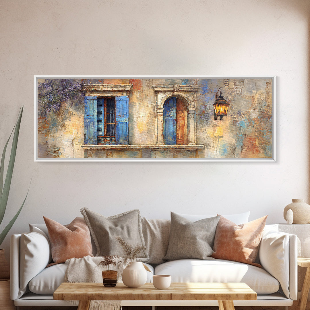 Weathered Window with Blue Shutters Canvas Print, French Country Art, Home Decor Gift, Farmhouse Decor, Oil Painting, Country, FCA-3x1-61