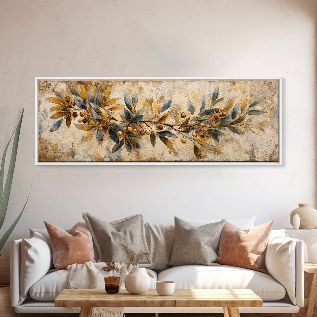 Olive Branch Wreath on Cream Ground Canvas Print, French Country Art, Landscape Painting, Farmhouse Decor, Fine Art, Country, FCA-3x1-62