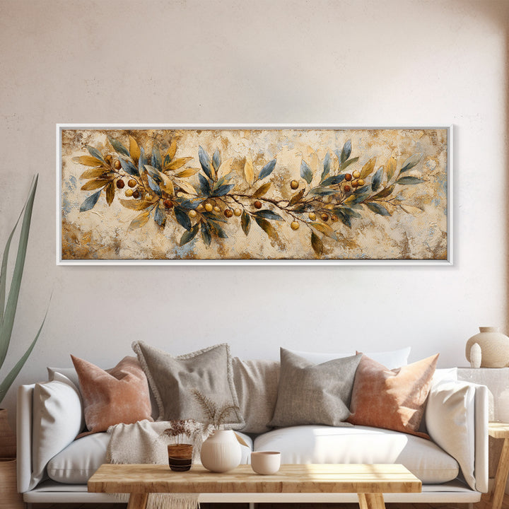 Olive Branch Wreath on Cream Ground Canvas Print, French Country Art, Landscape Painting, Farmhouse Decor, Fine Art, Country, FCA-3x1-62