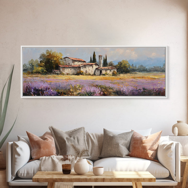 Lavender Field with Distant Stone Farmhouse Canvas Print, French Country Art, Printable Art, Farmhouse Decor, Watercolor Art, FCA-3x1-65