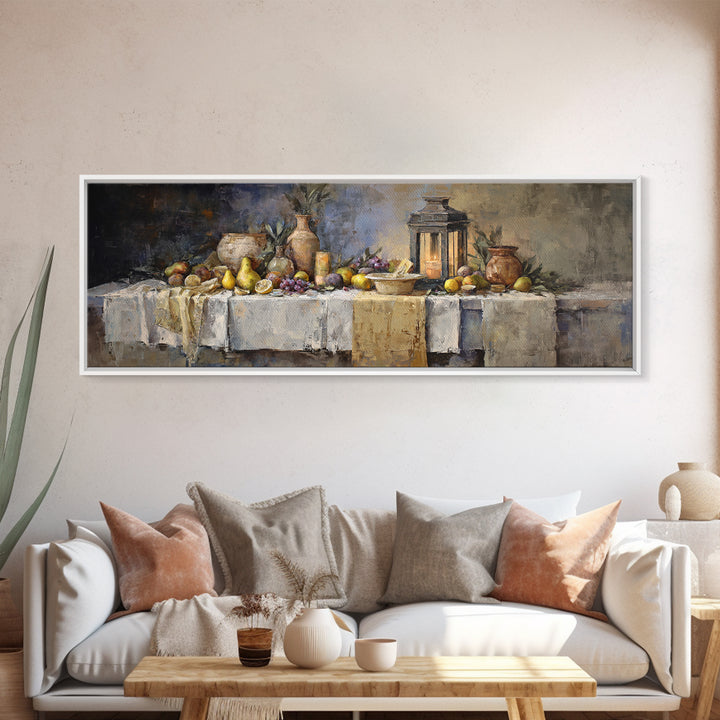 Pear Still Life on Linen Tablecloth Framed Canvas Print, French Country Art, Room Decor, Farmhouse Decor, Abstract Art, Country, FCA-3x1-68