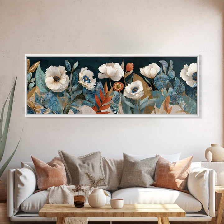 Poppies Beside a Stone Garden Wall Framed Canvas Print, French Country Art, Landscape Wall Art, Farmhouse Decor, Country, FCA-3x1-7