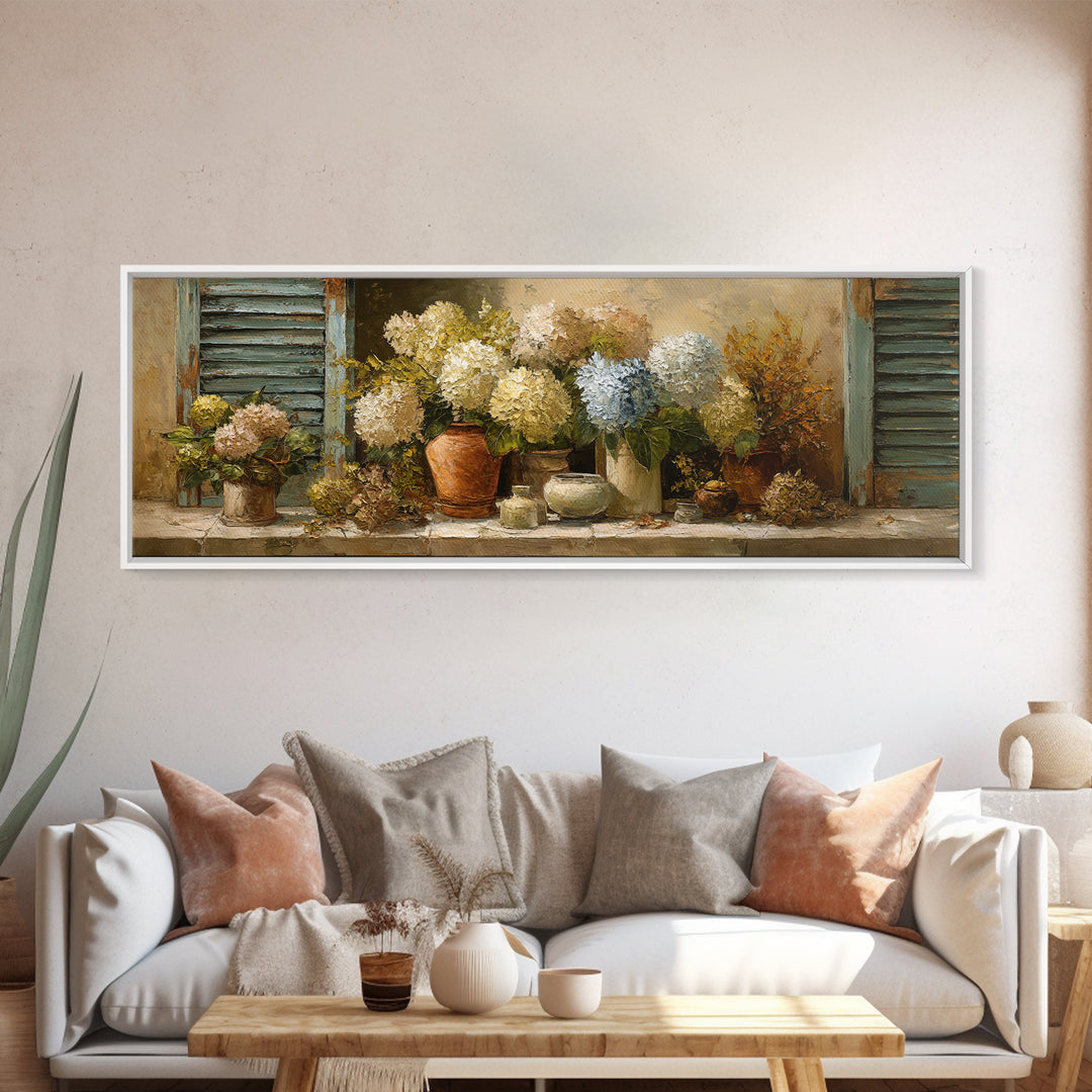 Soft Hydrangeas Beside Antique Shutters Framed Canvas Print, French Country Art, Textured Painting, Farmhouse Decor, Country, FCA-3x1-72