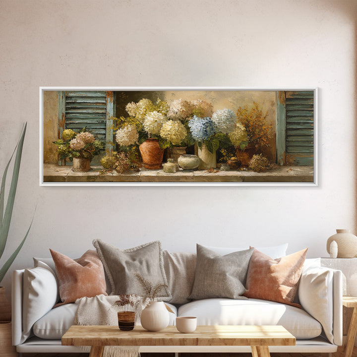 Soft Hydrangeas Beside Antique Shutters Framed Canvas Print, French Country Art, Textured Painting, Farmhouse Decor, Country, FCA-3x1-72