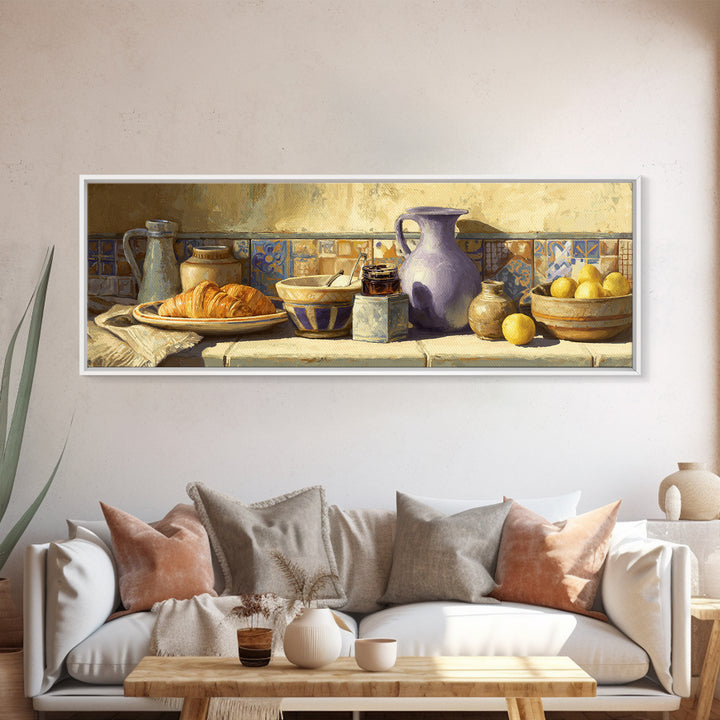 Caf Au Lait Bowl Framed Canvas Print, French Country Art, Digital Wall Art, Farmhouse Decor, Oil Painting, Country, FCA-3x1-74