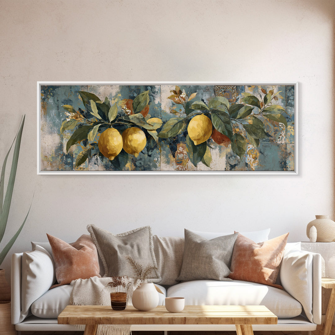 Aged Botanical Plate of Lemons and Leaves Canvas Print, French Country Art, Farmhouse Decor, Oil Painting, Country, FCA-3x1-76
