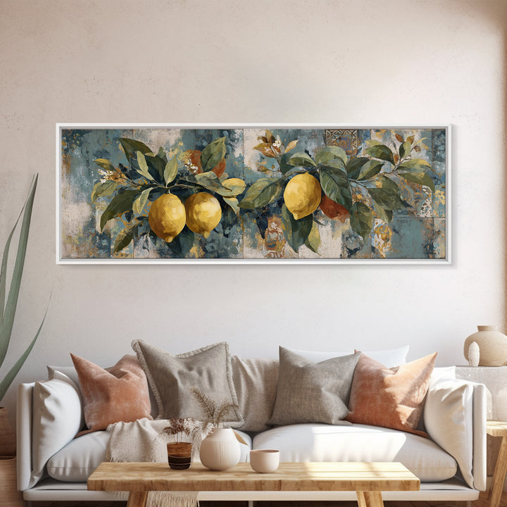 Aged Botanical Plate of Lemons and Leaves Canvas Print, French Country Art, Farmhouse Decor, Oil Painting, Country, FCA-3x1-76