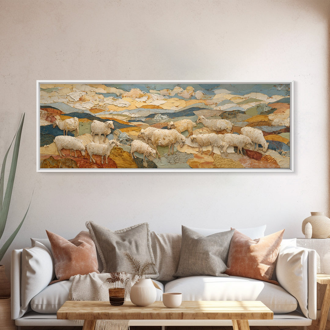 Pastoral Sheep in Rolling Countryside Canvas Print, French Country Art, Statement Artwork, Farmhouse Decor, Fine Art, Country, FCA-3x1-78