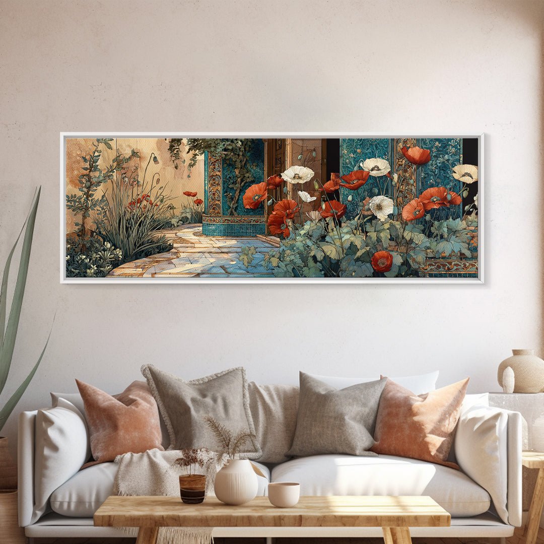 Poppies Beside a Stone Garden Wall Framed Canvas Print, French Country Art, Digital Art, Farmhouse Decor, Watercolor Art, FCA-3x1-79