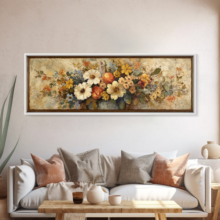 Basket of Fresh Peaches and Wildflowers Canvas Print, French Country Art, Contemporary Art, Farmhouse Decor, Country, FCA-3x1-84