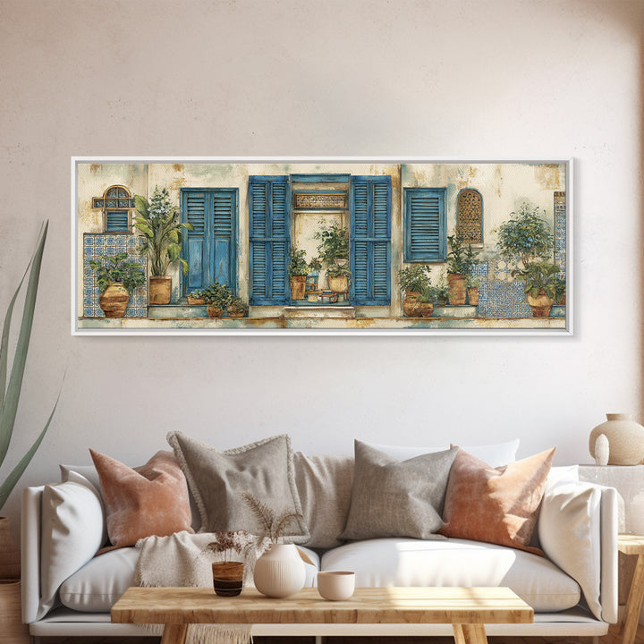 Weathered Window with Blue Shutters Canvas Print, French Country Art, Home Decor Gift, Farmhouse Decor, Oil Painting, Country, FCA-3x1-85