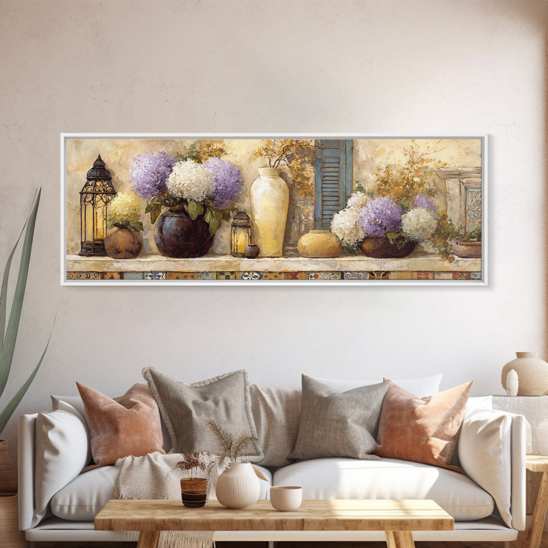 Soft Hydrangeas Beside Antique Shutters Canvas Print, French Country Art, Botanical Prints, Farmhouse Decor, Fine Art, Country, FCA-3x1-96