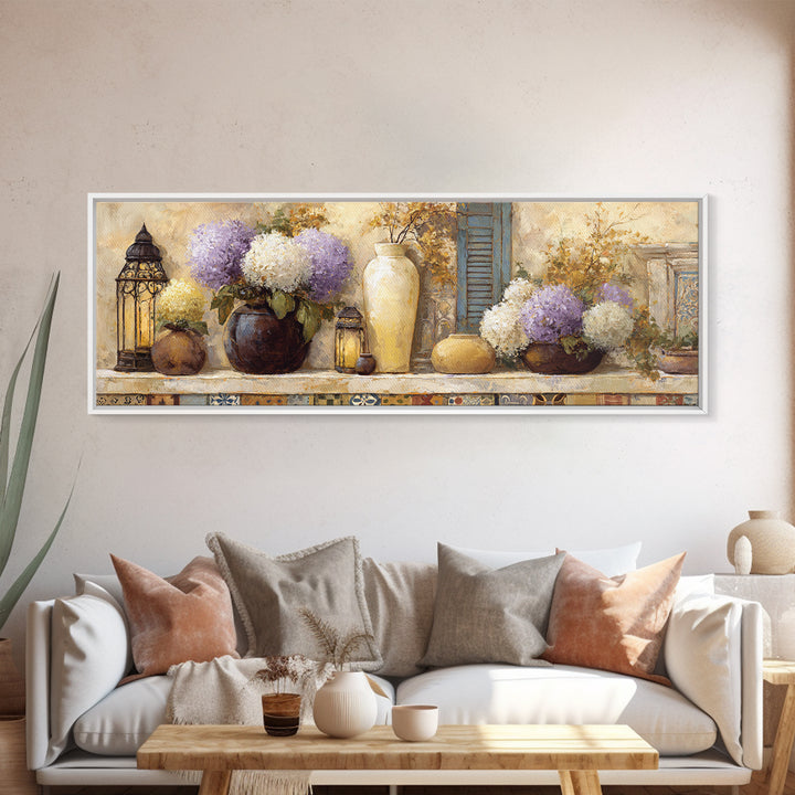 Soft Hydrangeas Beside Antique Shutters Canvas Print, French Country Art, Botanical Prints, Farmhouse Decor, Fine Art, Country, FCA-3x1-96