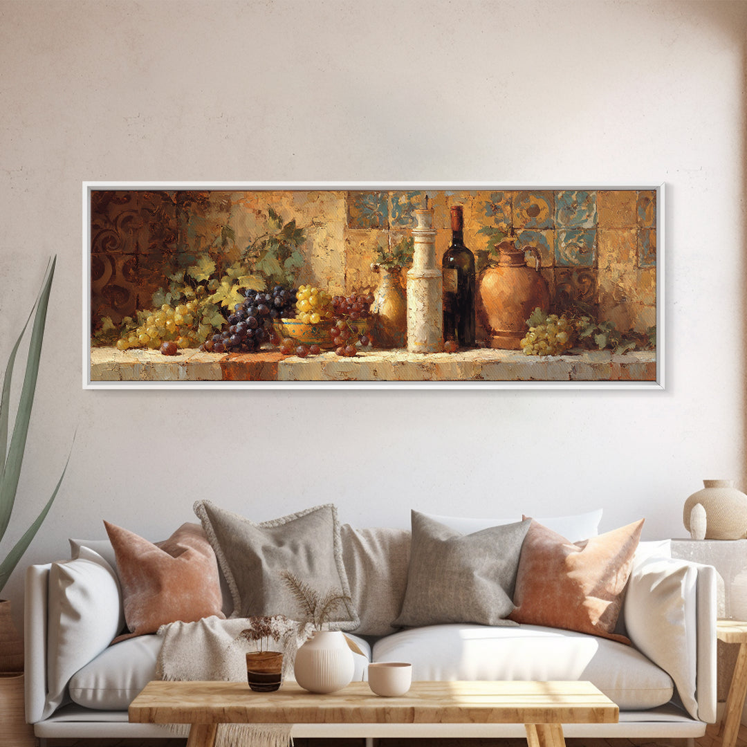 Grapes and Wine Still Life Canvas Print, French Country Art, Coastal Wall Art, Farmhouse Decor, Watercolor Art, Country, FCA-3x1-97