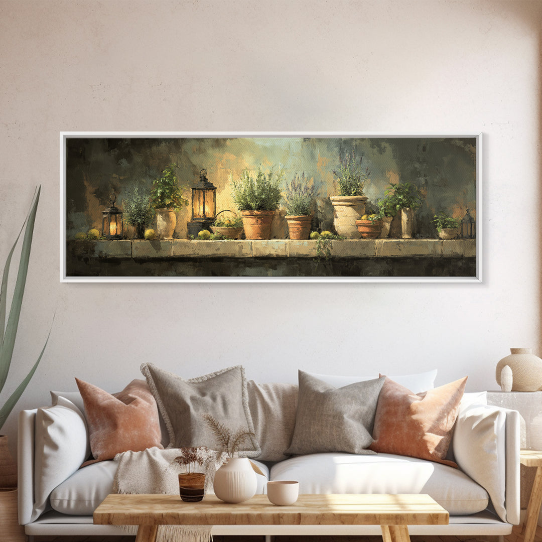 Terra Cotta Pots Framed Canvas Print, French Country Art, Eclectic Wall Art, Farmhouse Decor, Fine Art, Country, Modern Decor, FCA-3x1-99